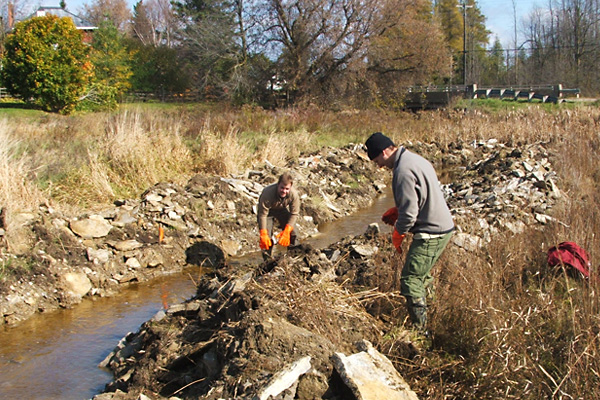 two men building a buffer strip along the stream